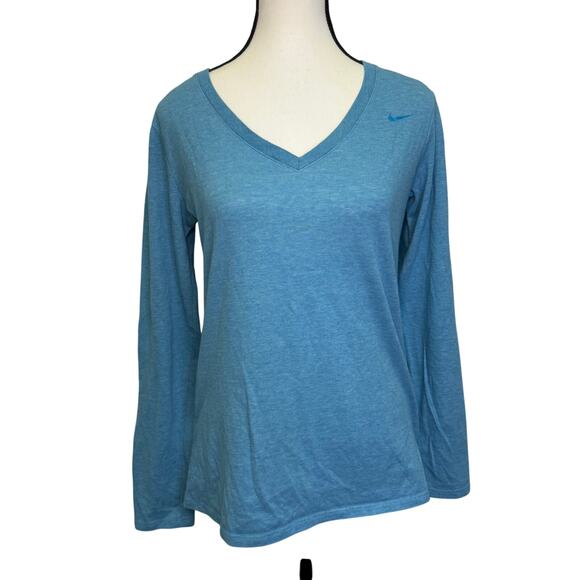 Nike Dri-FIT Blue V-Neck Long Sleeve Tee Shirt Size M Athletic Cut - Picture 1 of 9